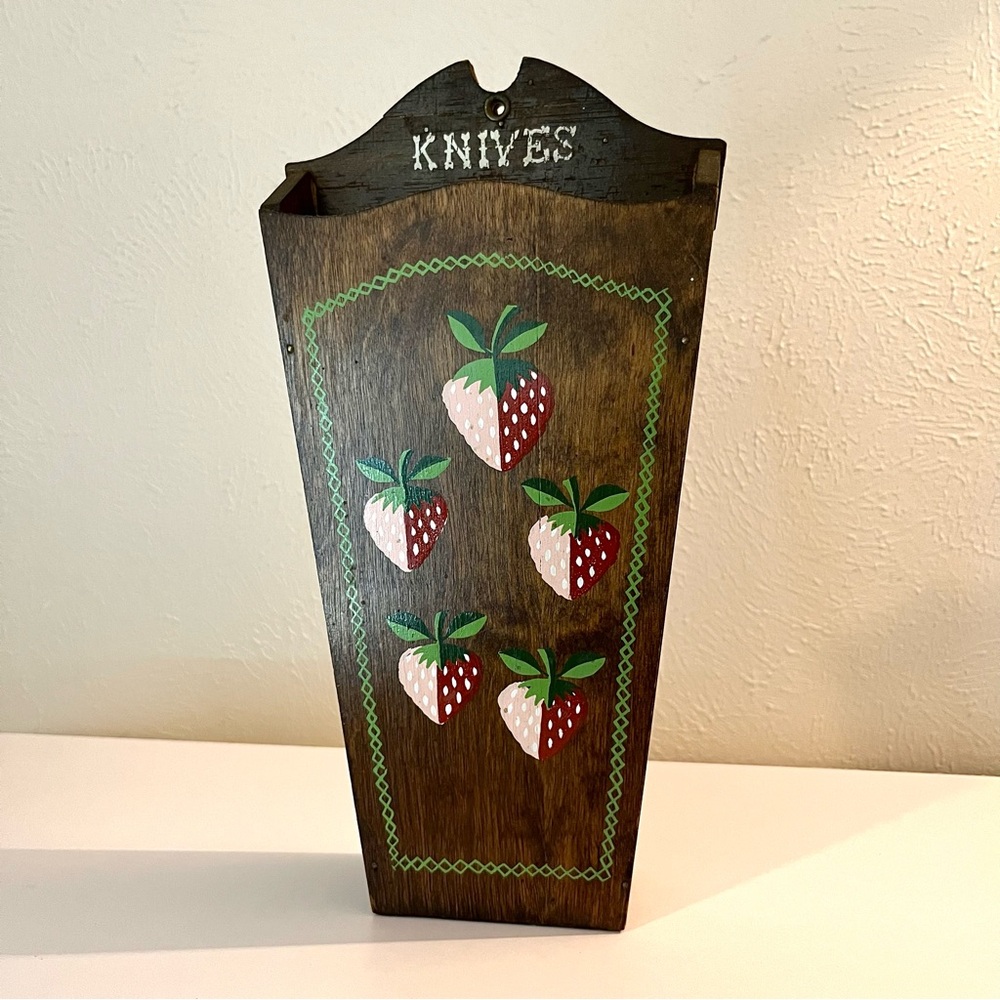 Knife Wall Holder | Hand Painted Strawberries On Wood | Vintage Cottagecore